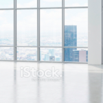 Empty modern office with panoramic city views