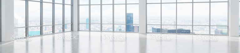 Empty modern office with panoramic city views